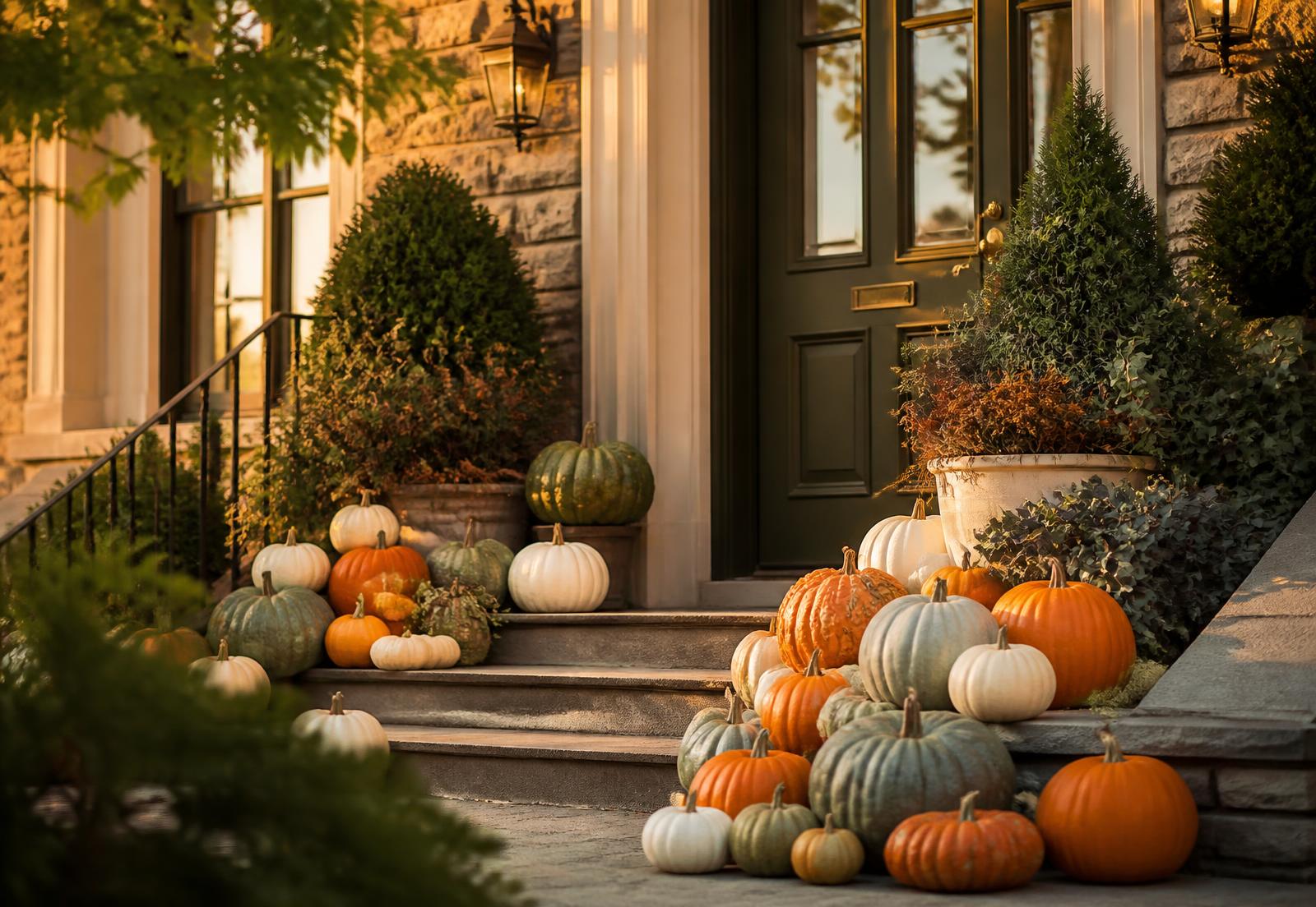 Luxury fall porch styled with real, uncarved orange, white and heirloom pumpkins