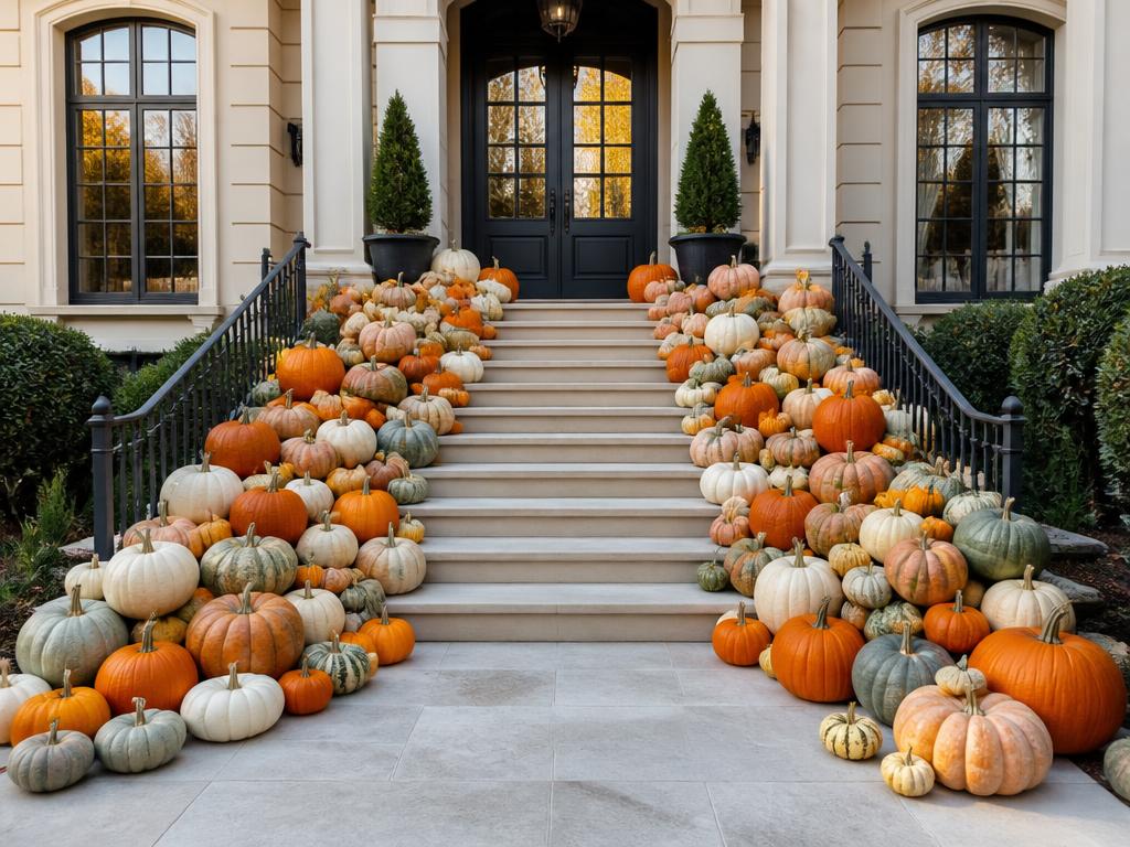Grand entrance with roughly 60 to 75 real uncarved pumpkins flowing down a wide staircase